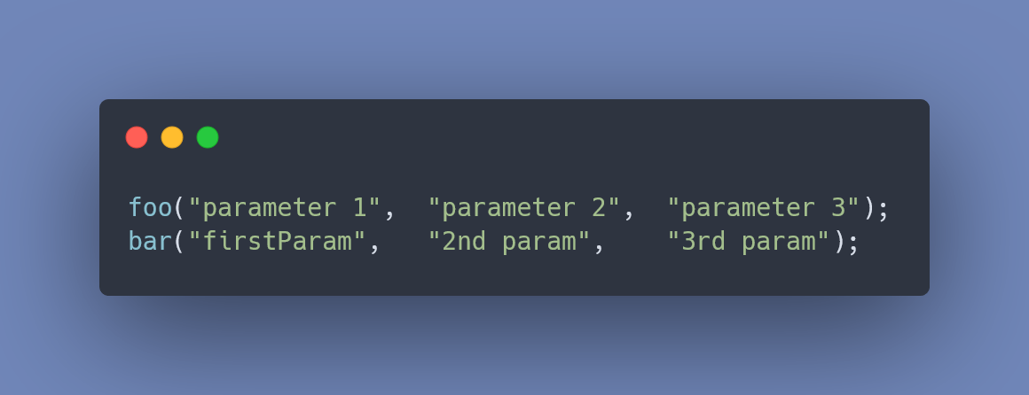 An image of code using tabs between parameters.