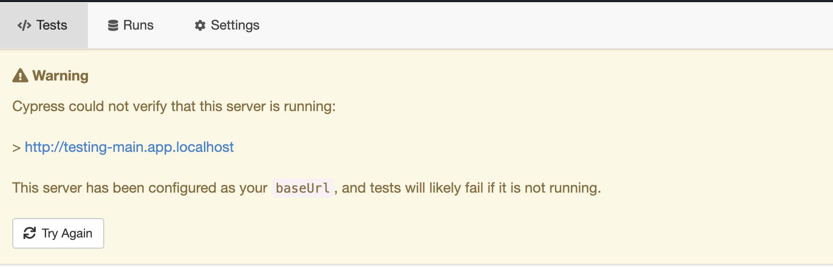 Warning from Cypress test runner that it cannot verify test server is running