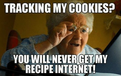 Grandma peering at a laptop, holding her glasses captioned tracking my cookies? you will never get my recipe internet!
