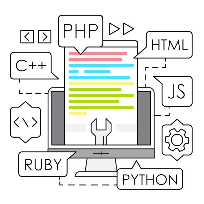 Programming languages. PHP, HTML, C++, JavaScript, Python, Ruby