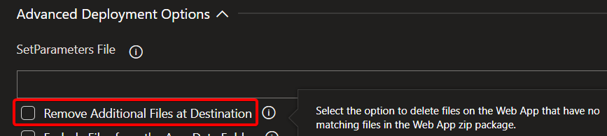 Checkbox labelled Remove Additional Files at Destination within the Advanced Deployment Options of an Azure DevOps release pipeline