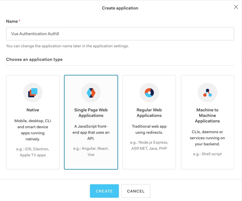 Auth0 screen showing that Single Page Web Application has been chosen from four possible application types