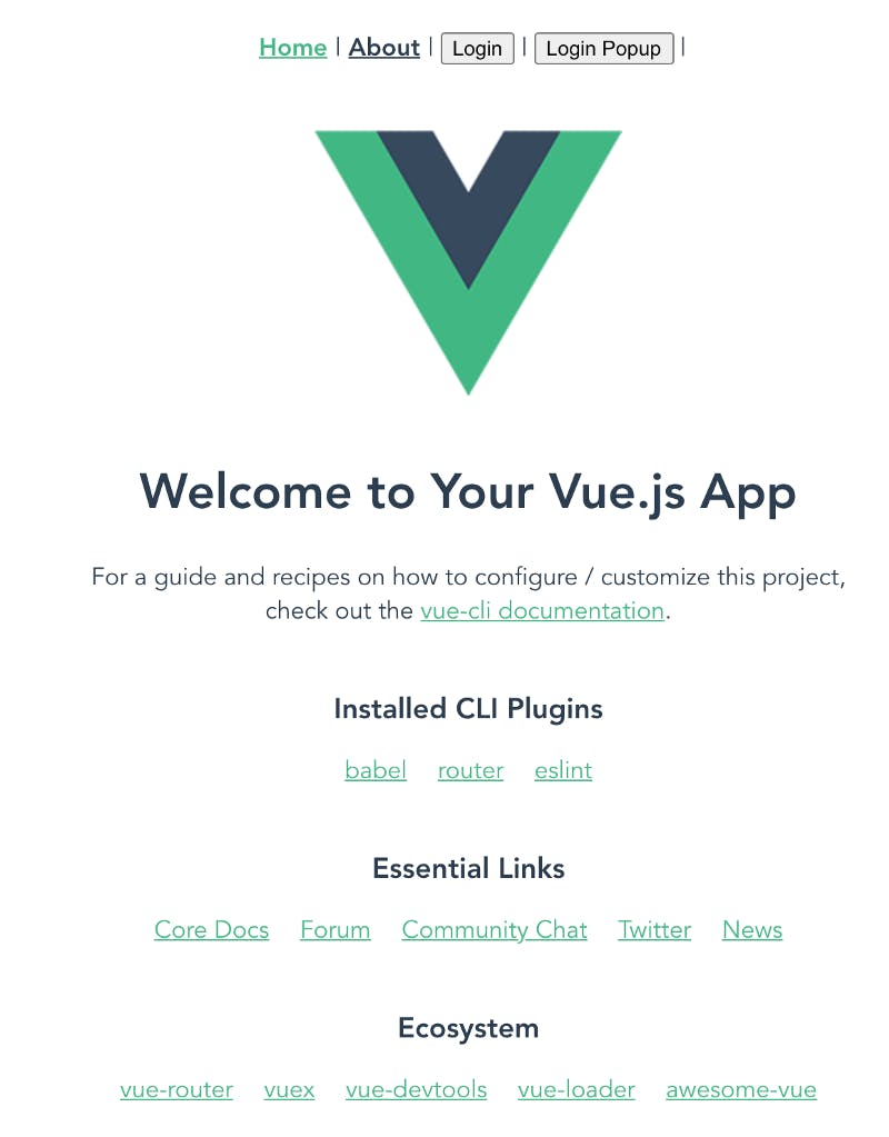 “Welcome to Your Vue.js App” screen with two login buttons