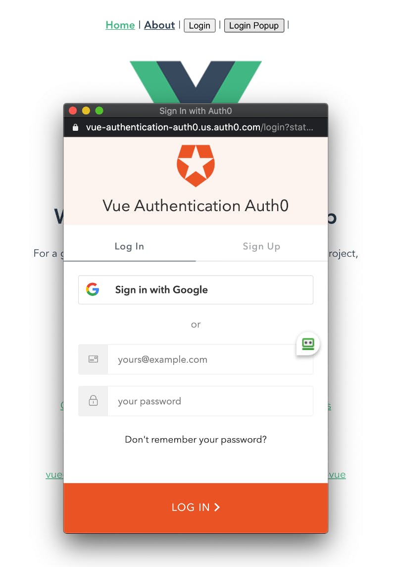 Auth0 Vue authentication screen invoked by clicking on the Login Popup button