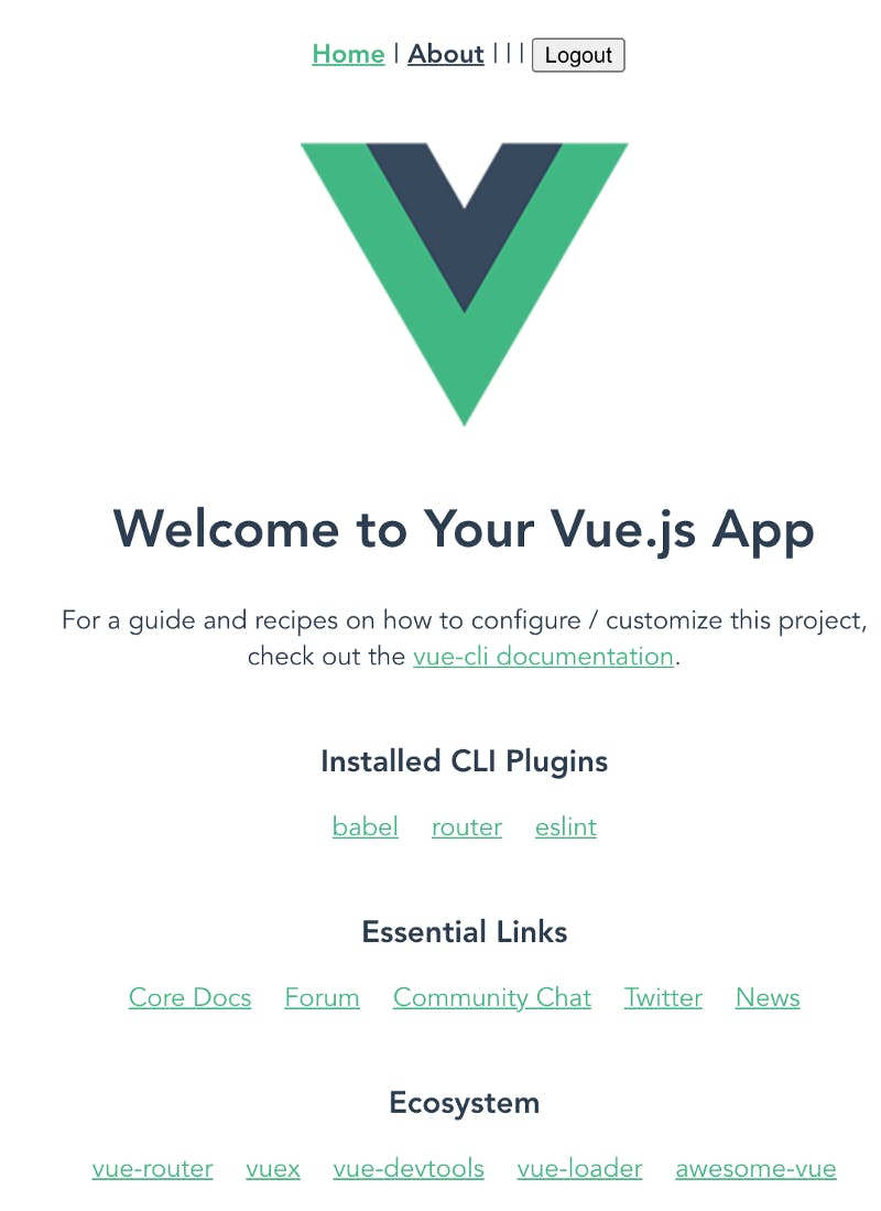 “Welcome to Your Vue.js App” screen showing the Logout button