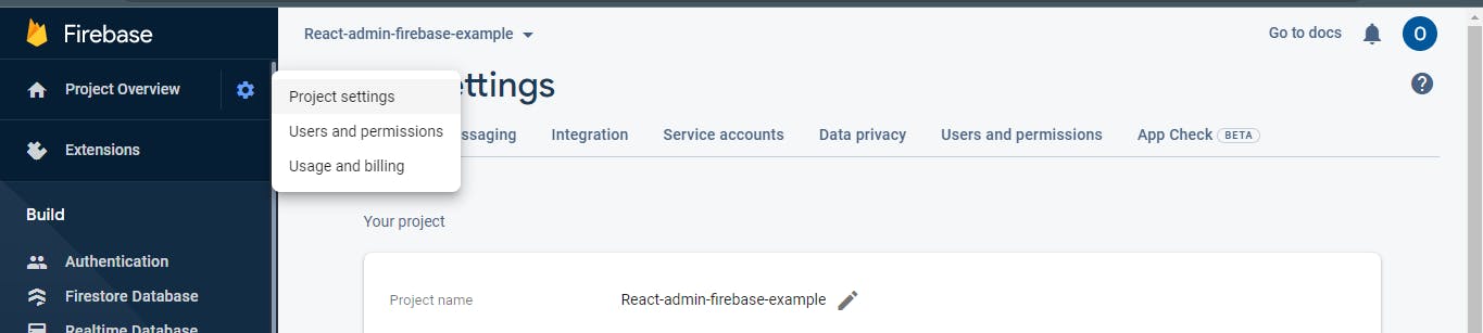 Projects settings on the top left corner in firebase console