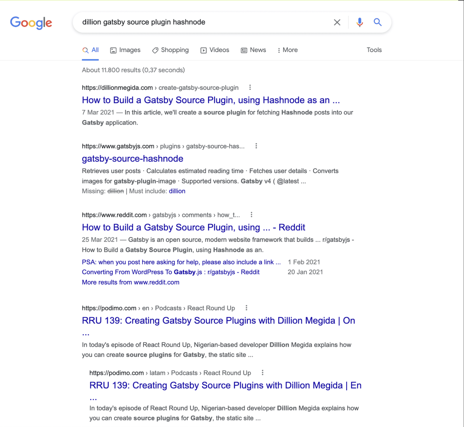 Google search results page for "dillion gatsby source plugin hashnode"