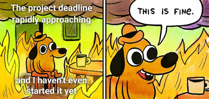 The This is Fine meme: A comic with two panels. In the first panel a dog with a hat sits in a chair inside of a room that is on fire. The caption text in the panel says, "The project deadline rapidly approaching and I haven't even started it yet." In the second panel, despite being inside of a burning room, the dog nonchalantly says, "This is fine."
