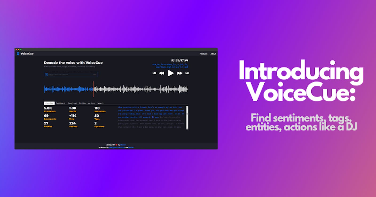 Introducing VoiceCue - Find sentiments, tags, entities, actions like a DJ 🔥✨