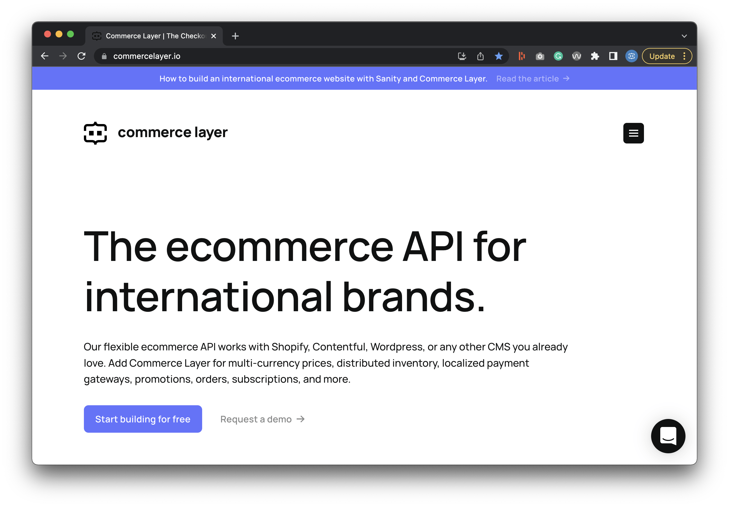 A screenshot of Commerce Layer's website homepage