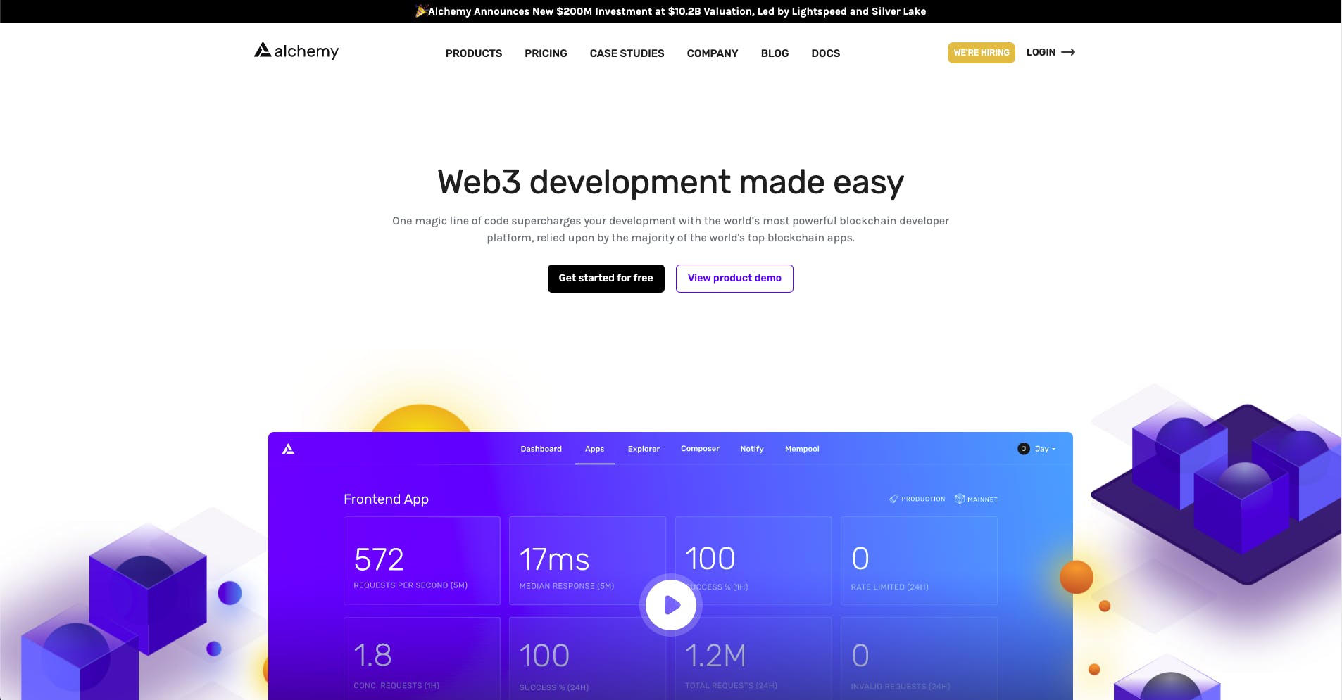 Alchemy is a drop-in replacement for web3.js that provides powerful APIs to power dApps with features that are not available in ordinary nodes. - Alchemy Official Landing page