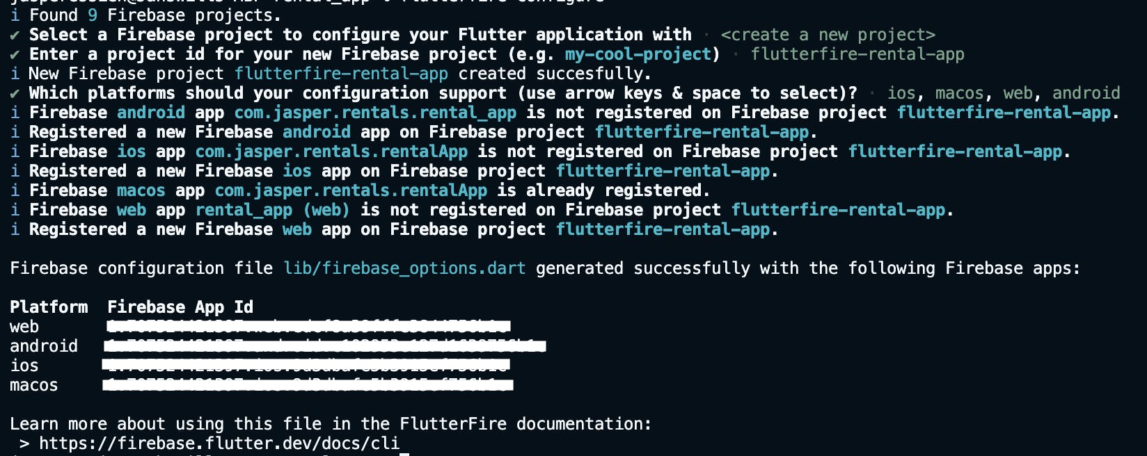 Image of a successful firebase console project creation