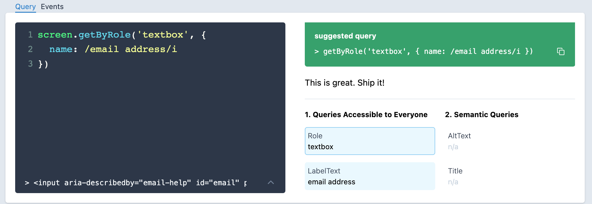 testing-playground interface showing a query