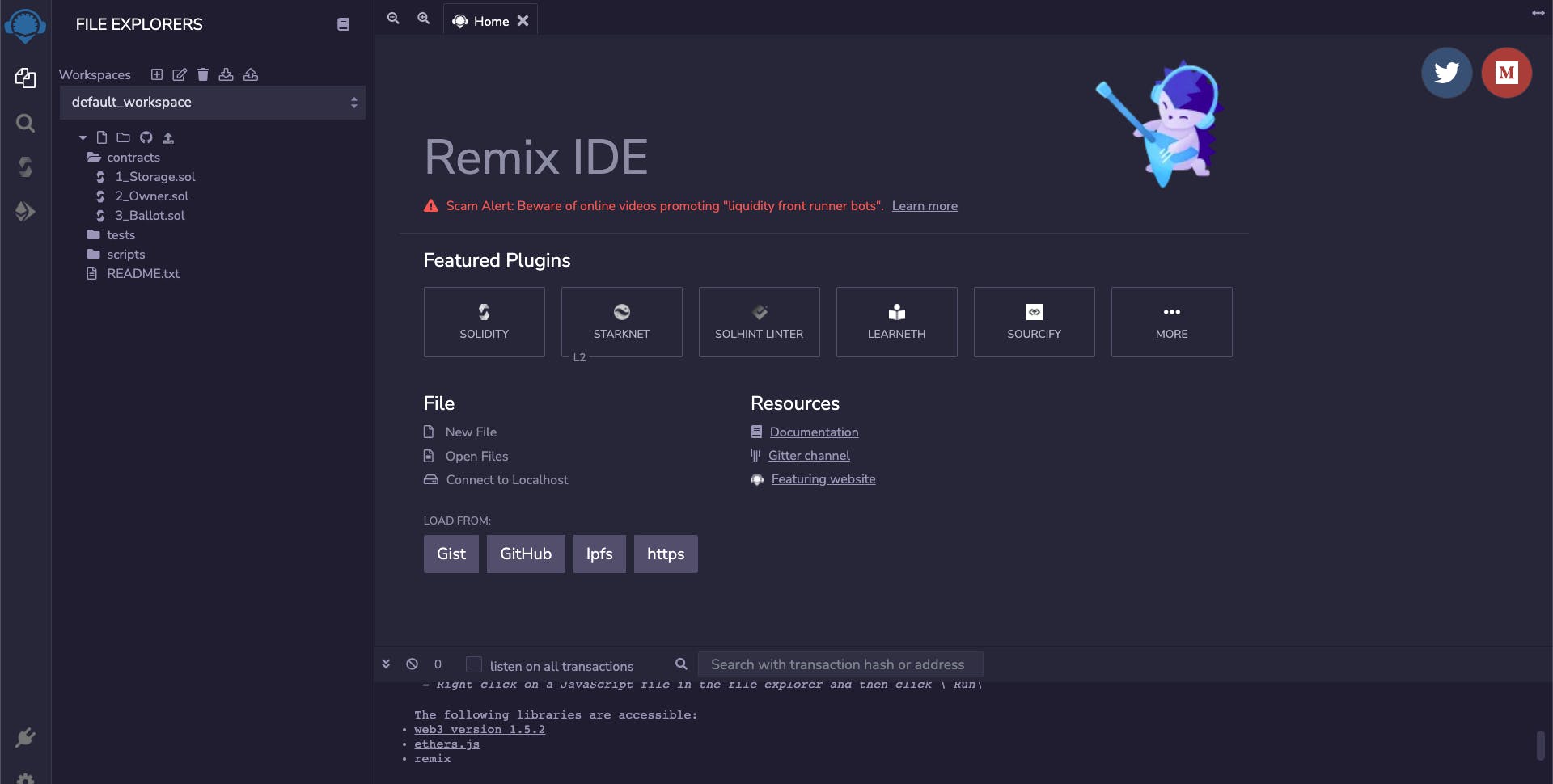 Remix IDE is used to create, compile and deploy smart contracts directly from the web browser - Remix IDE Home Page