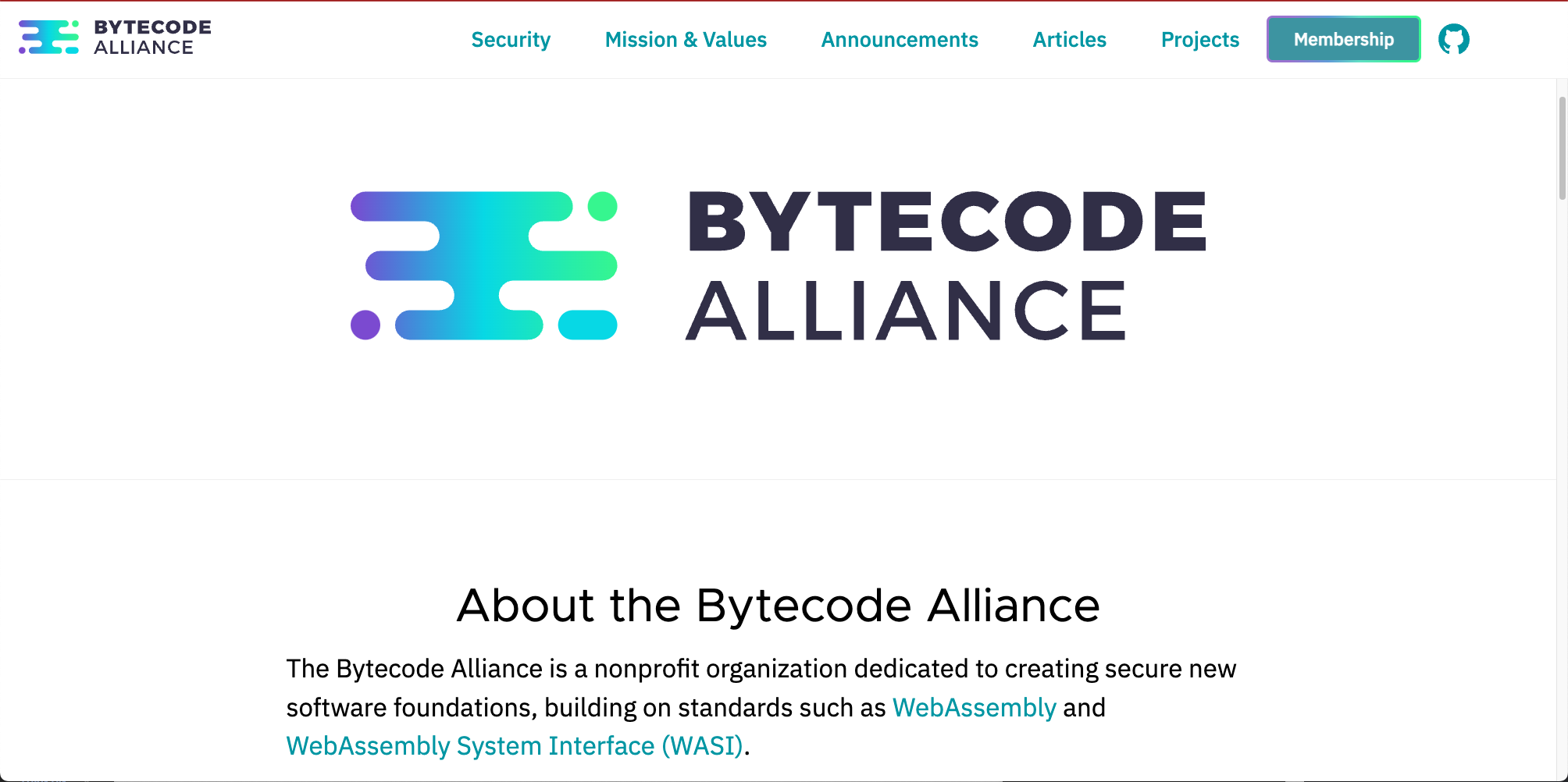 Screenshot of the Bytecode Alliances website