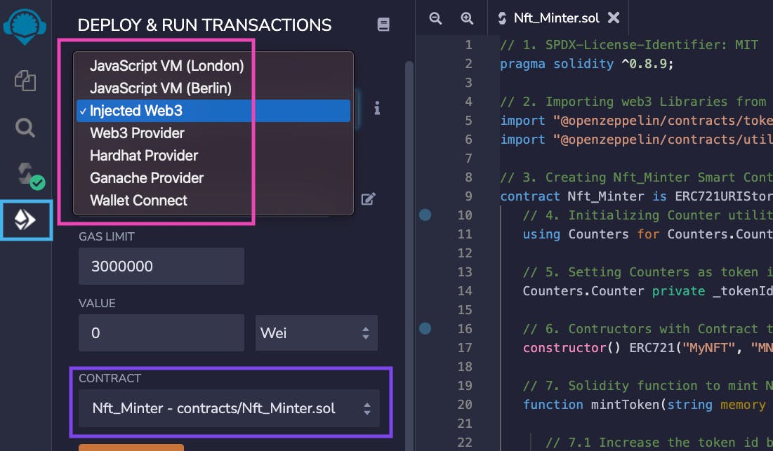 Selecting a Virtual Machine Environment and setting the contract for deploying a Solidity Smart Contract on Remix IDE