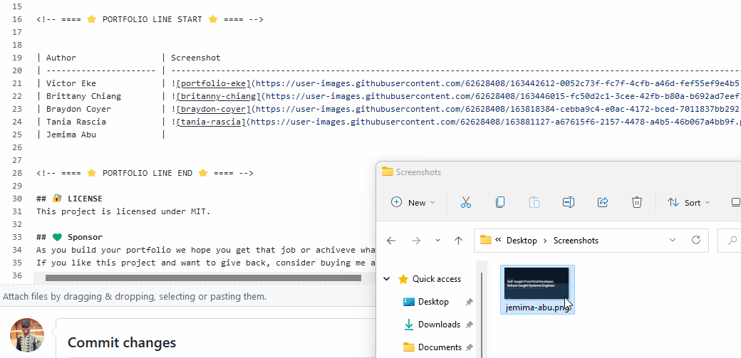 gif showing the screenshot being dragged and dropped on the project README