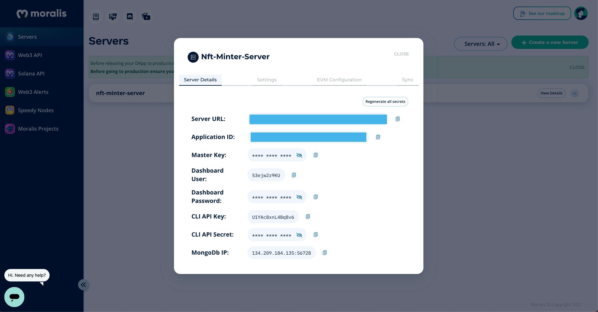 Viewing the Moralis server API keys