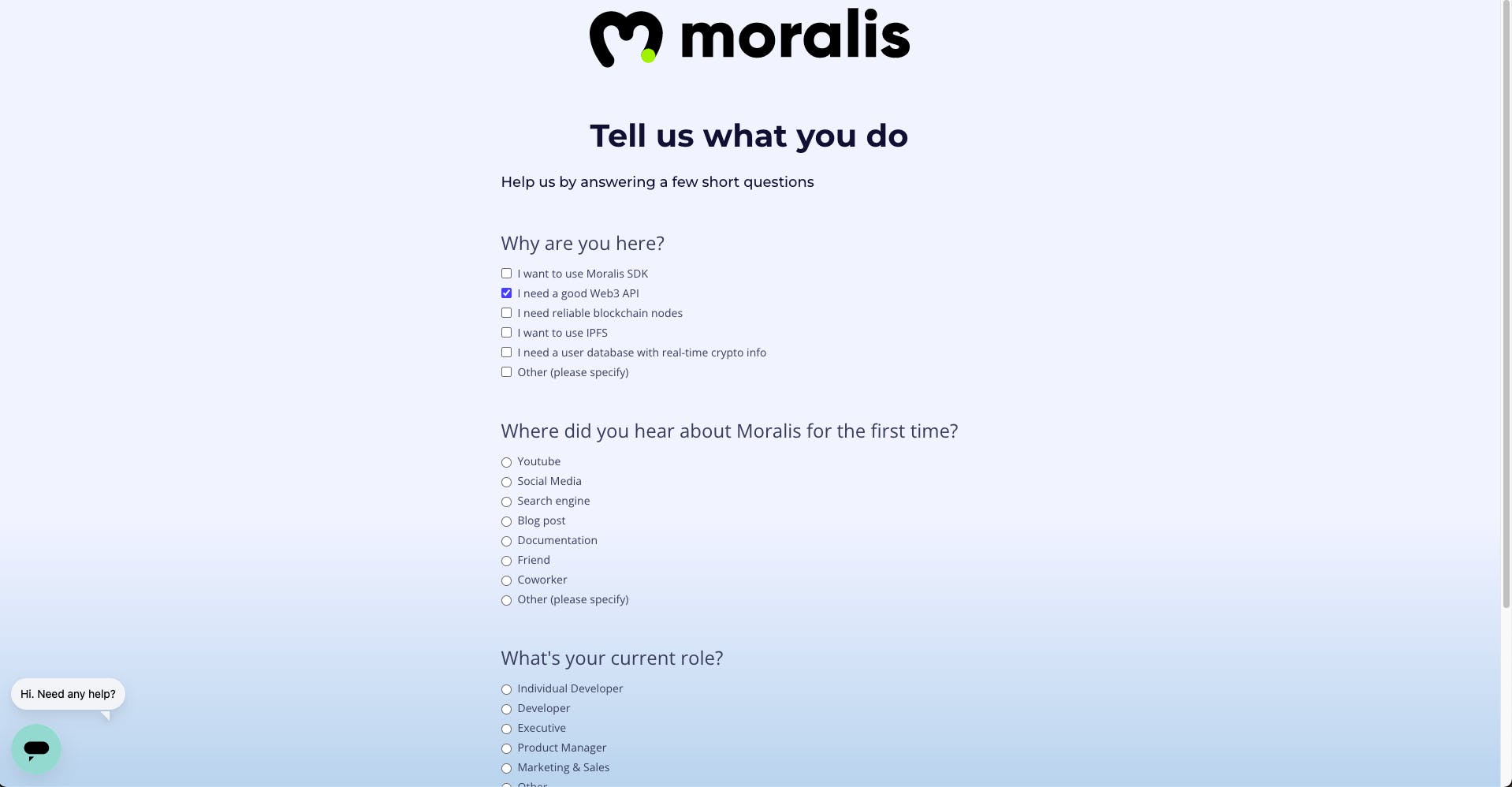 Moralis requesting survey questions