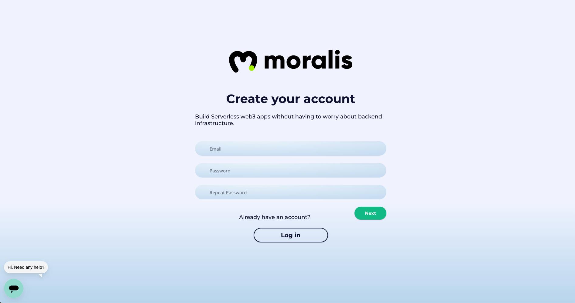Moralis registration page - creating a Moralis account and confirm your email address