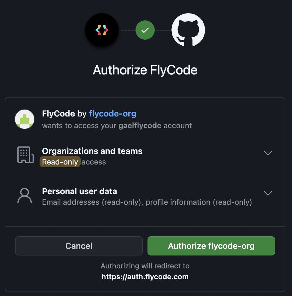 Authorize Flycode to access your GitHub profile