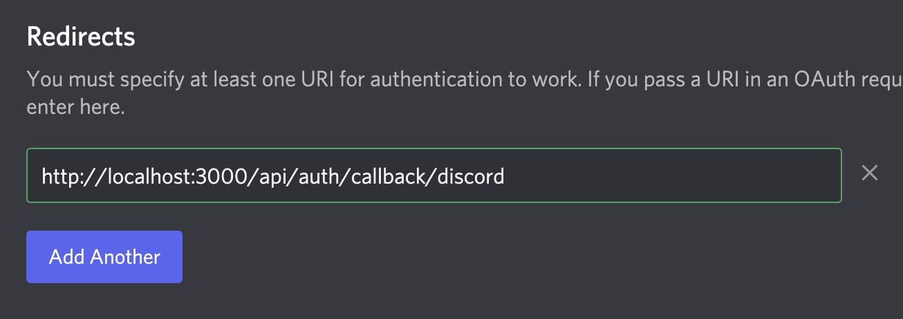 The OAuth2 dashboard for my Discord app with the Redirects field filled out