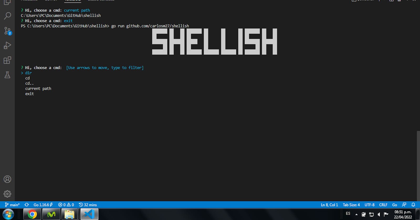 Shellish, a Shell-ish program written in Go using Pterm and Survey packages.
