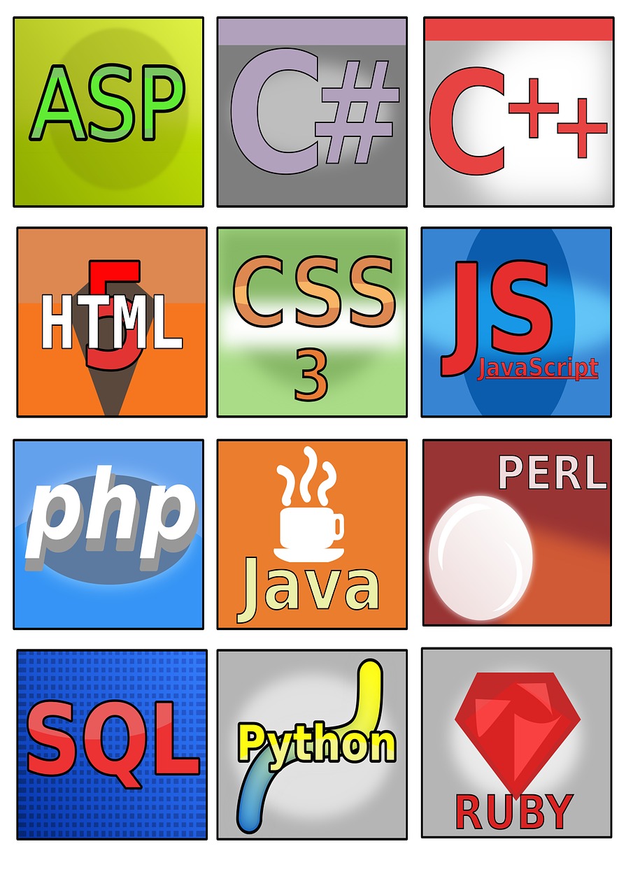12 icons with programming languages logos including perl, jacva, SQL , python, rubt, javascript, htm, asp, C