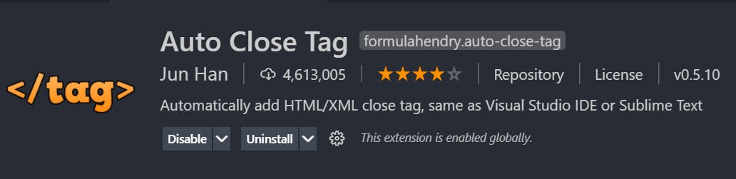 Auto Close tag Vs Code extension
