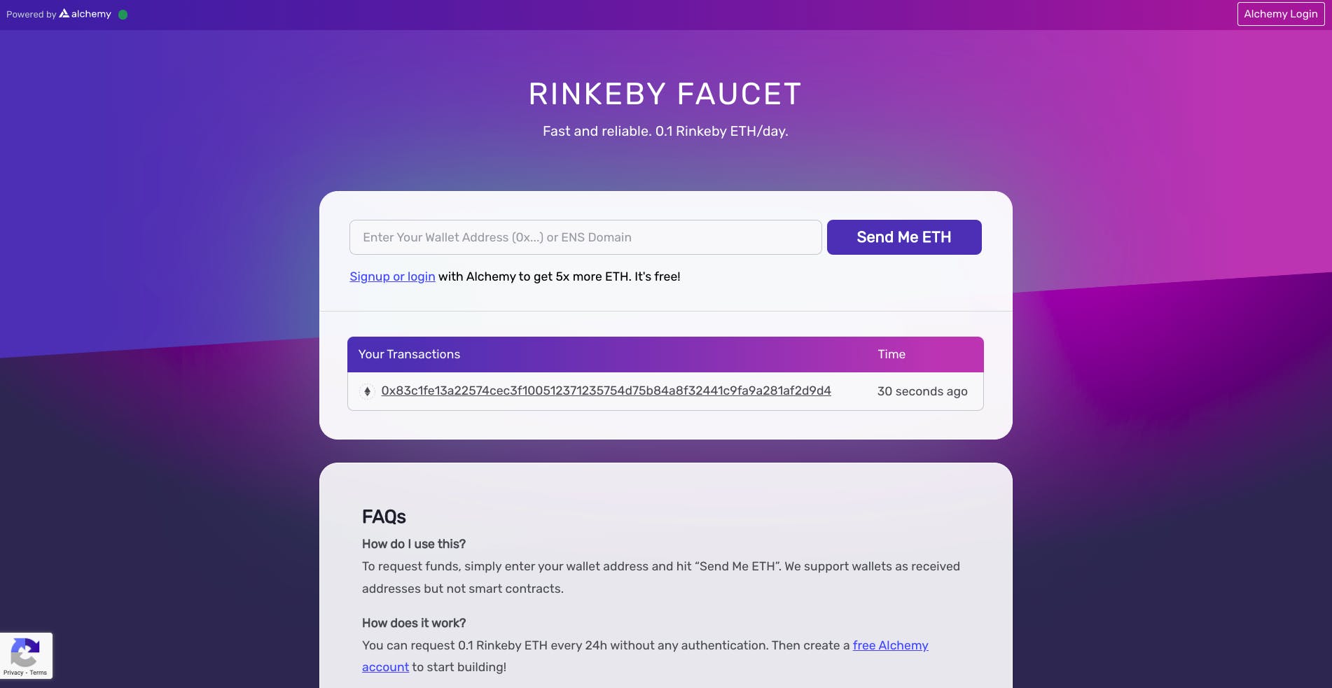 Alchemy faucet is a place to get a free 0.1 Rinkeyby ETH per day for your dApp development