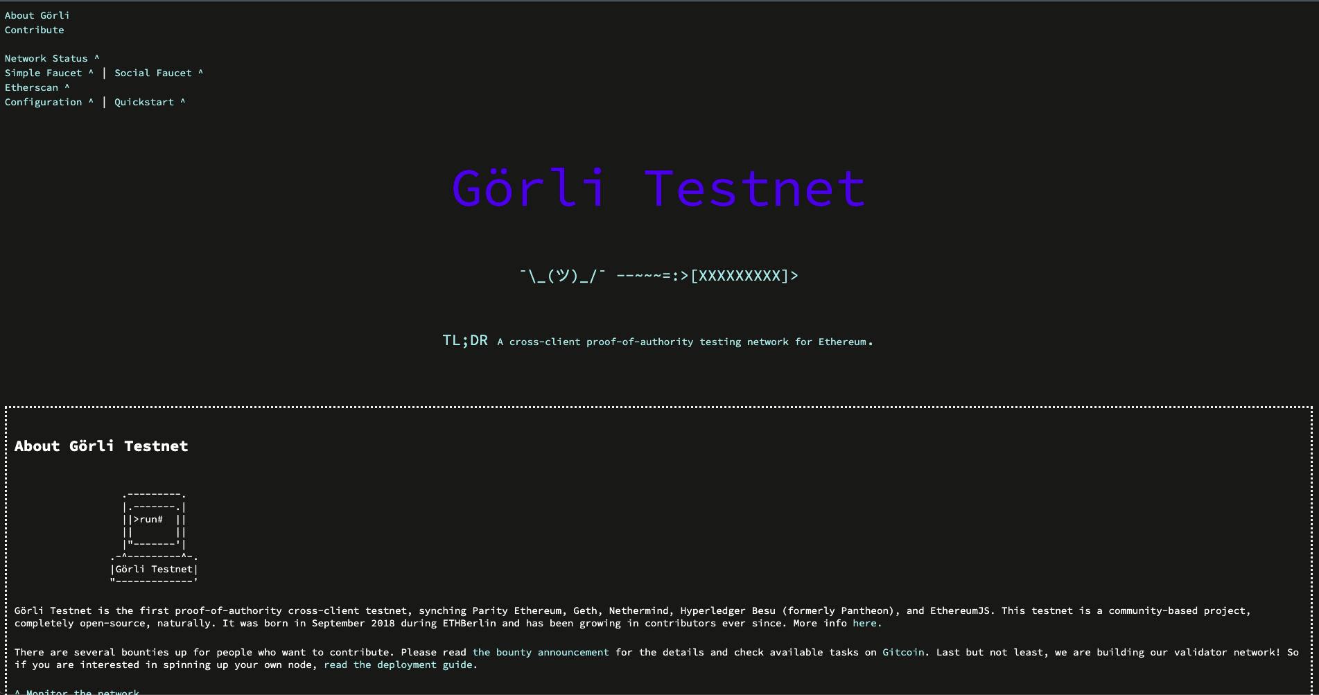 The Goerli Test network official landing page. The Goerli is the first Proof of Authority  that was introduced in September 2018.