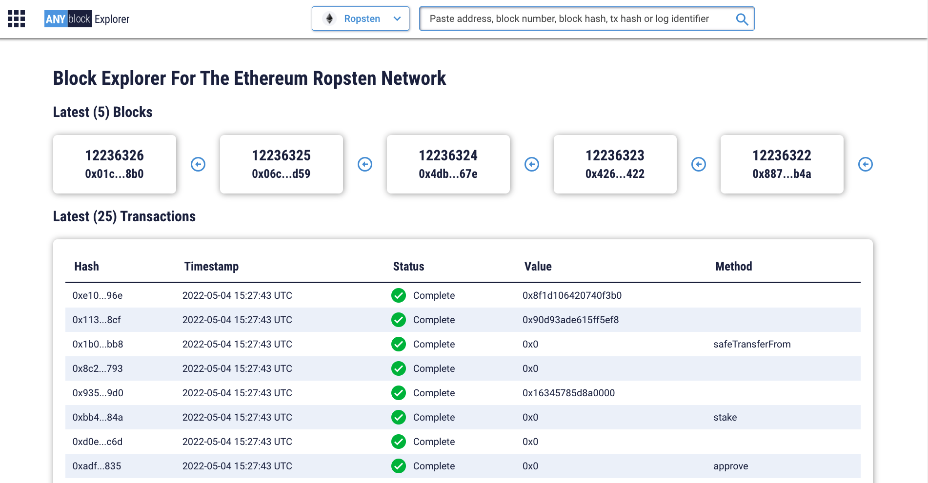 The Anyblock Explorer shows the latest 25 transactions on the Ropsten Test Network