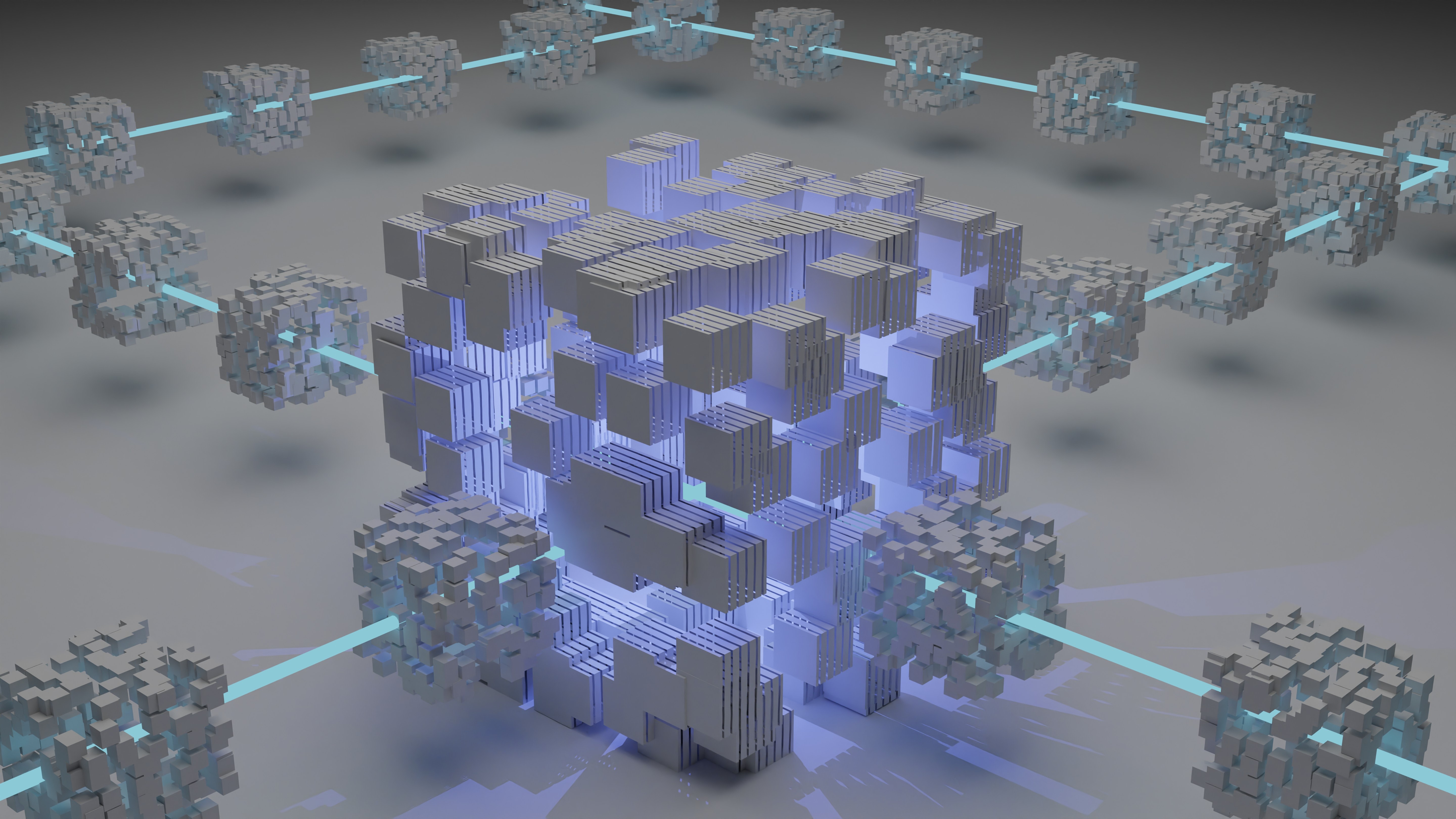 A 3D render of a chain of blocks, representing the blockchain.