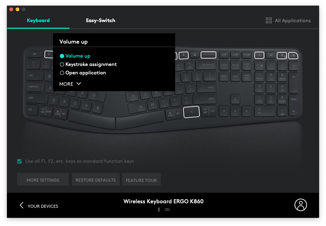 Logitech LogiOptions software for Logitech devices, currently displaying a picture of the ERGO K860 keyboard settings screen where the F12 key was clicked, displaying the options you have for the F12 key