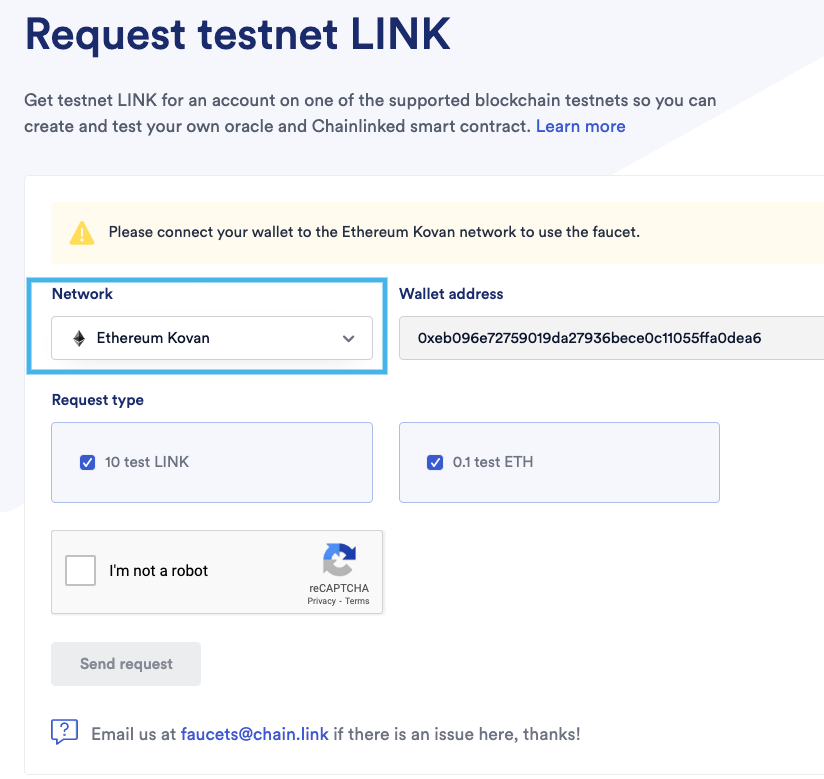 select a network while requesting a Testnet token from the Chainlink faucet
