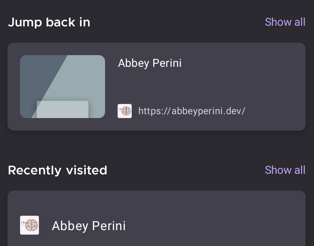 Abbey's website favicon in a mobile Firefox window under Jump Back In and Recently Visited