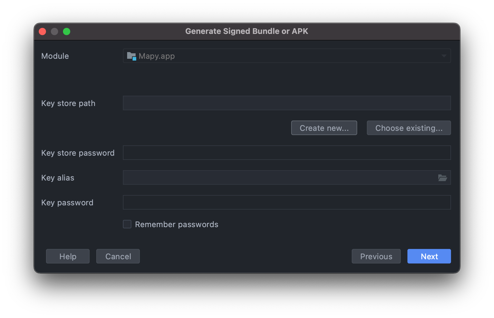 Generate Signed Bundle or APK - Create new