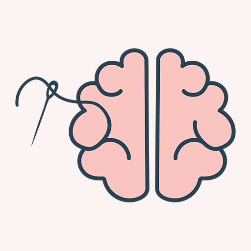 Abbey's logo, a brain with a thread and needle coming off the side with an off-white background