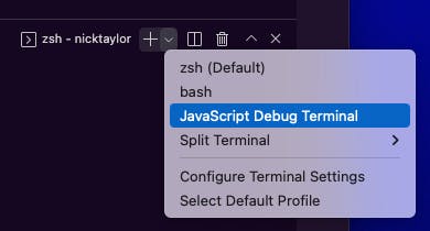 Drop down to select a terminal type in the VS Code Integrated terminal panel. The currently selected item is JavaScript Debug Terminal