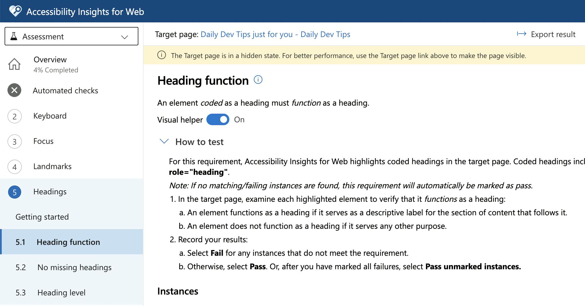Heading function test in Accessibility Insights tool