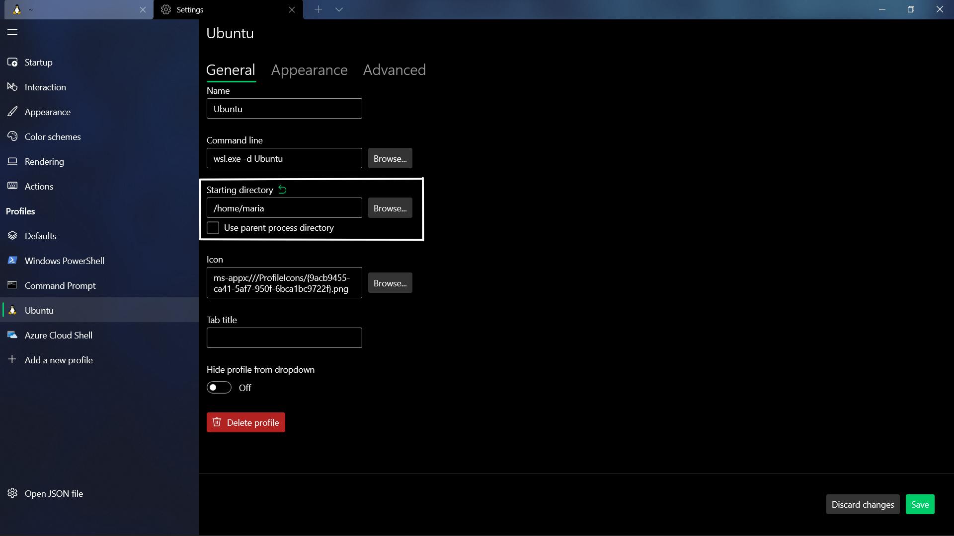 Image shows the Profile Settings for the terminal
