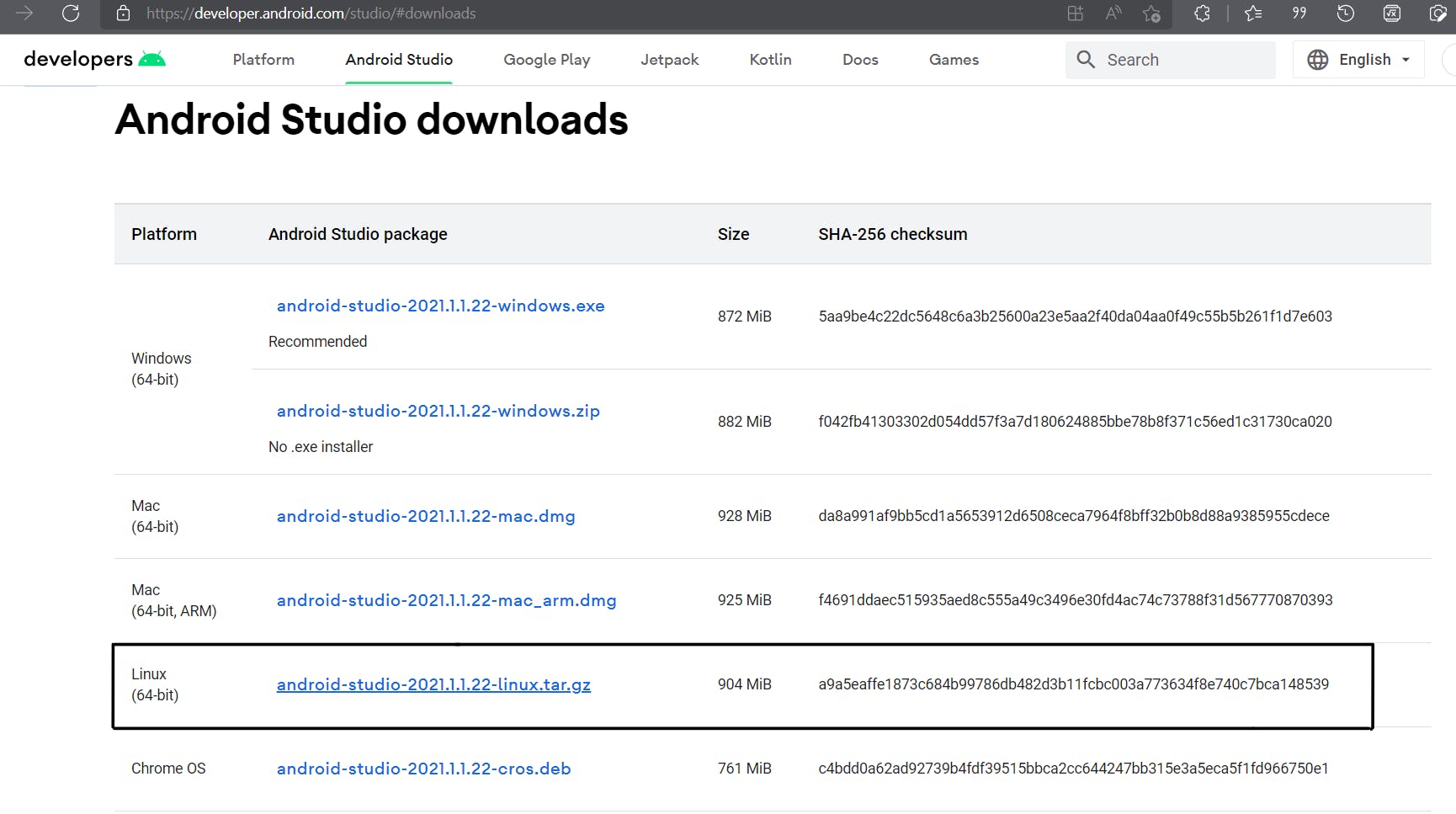 This image shows the Android Studio Downloads Page