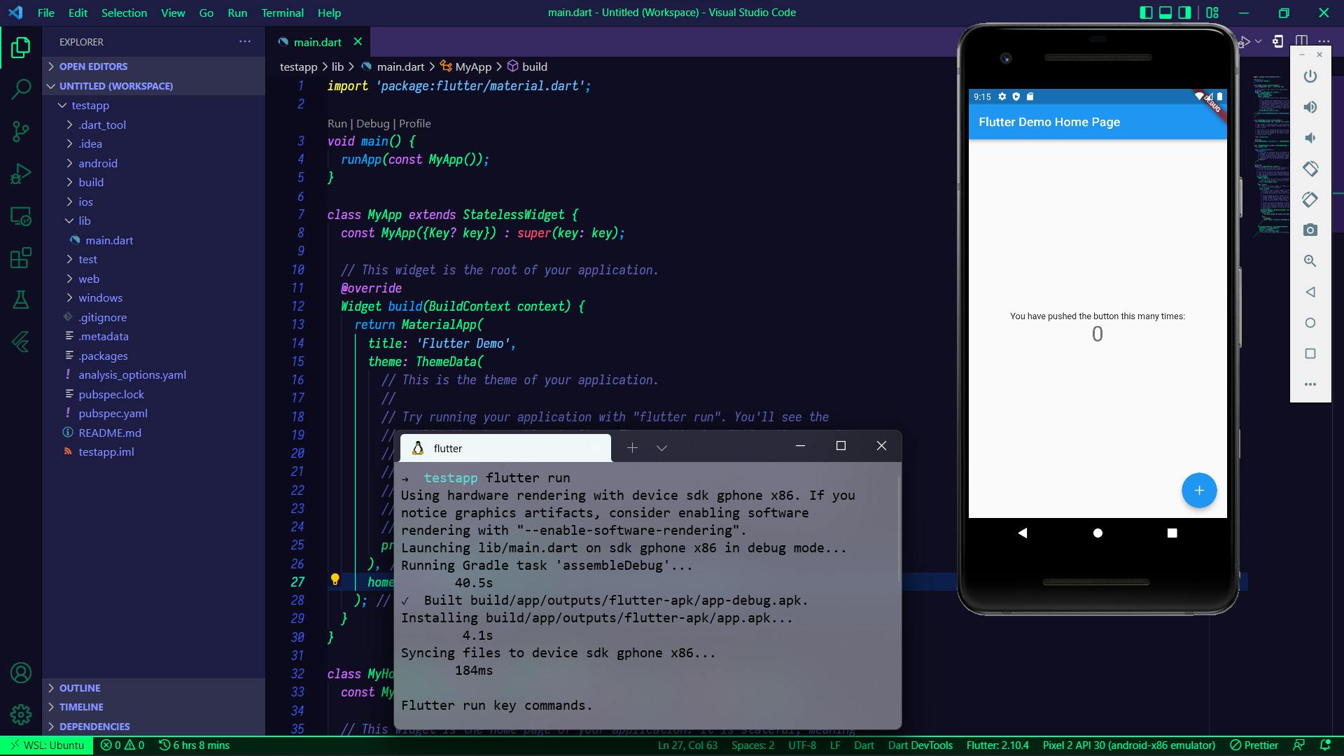 This image shows the demo Flutter app is running in the emulator