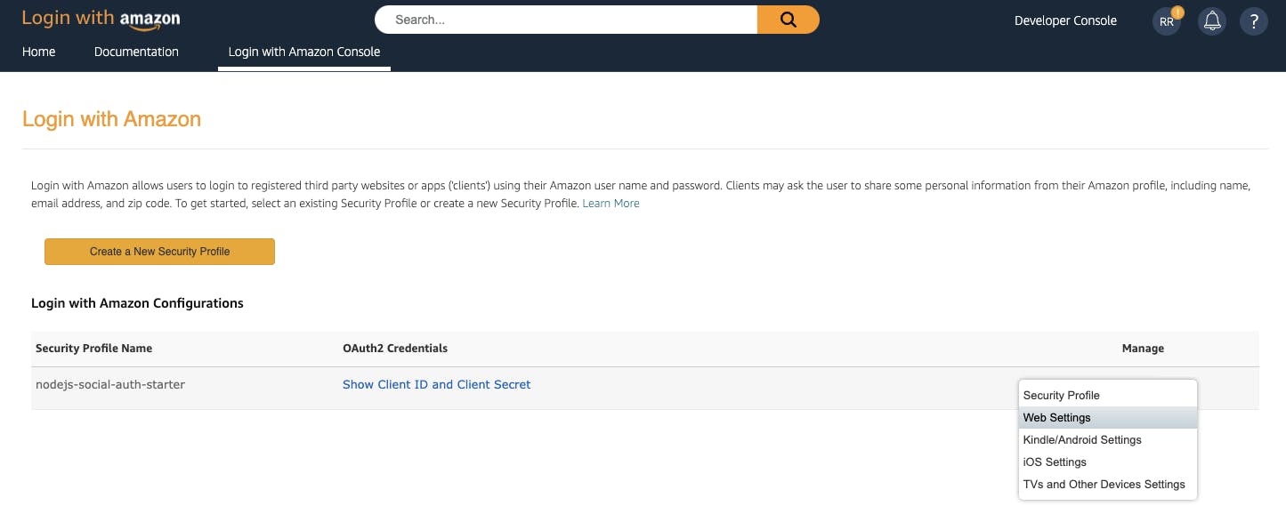 Web settings for security profile in Amazon developers console