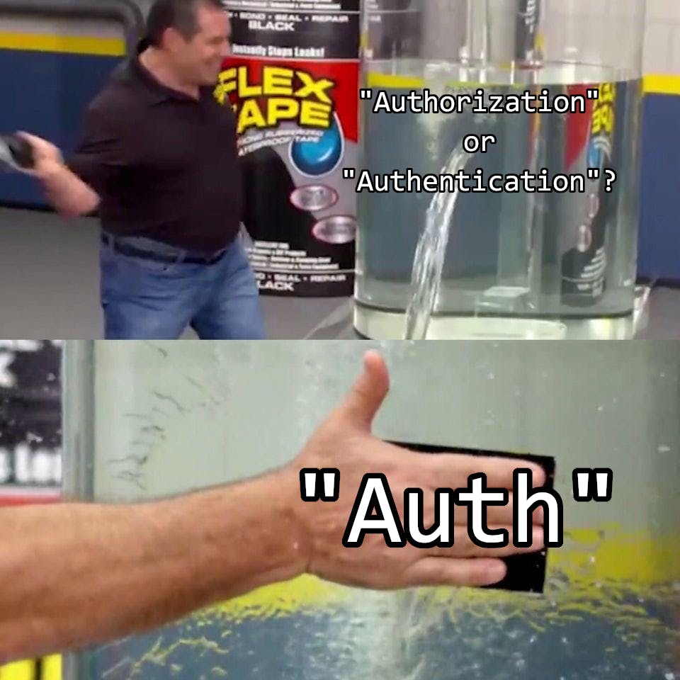 A tank has a hole in it and water is pouring out captioned "Authorization or authentication?" a man slaps FlexTape over the hole captioned "Auth"