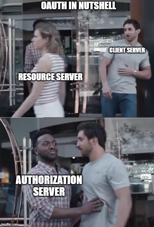 OAuth in a nutshell, a man captioned client server watches a woman captioned resource server walk by, when he goes to follow her, another man captioned authorization server stops him