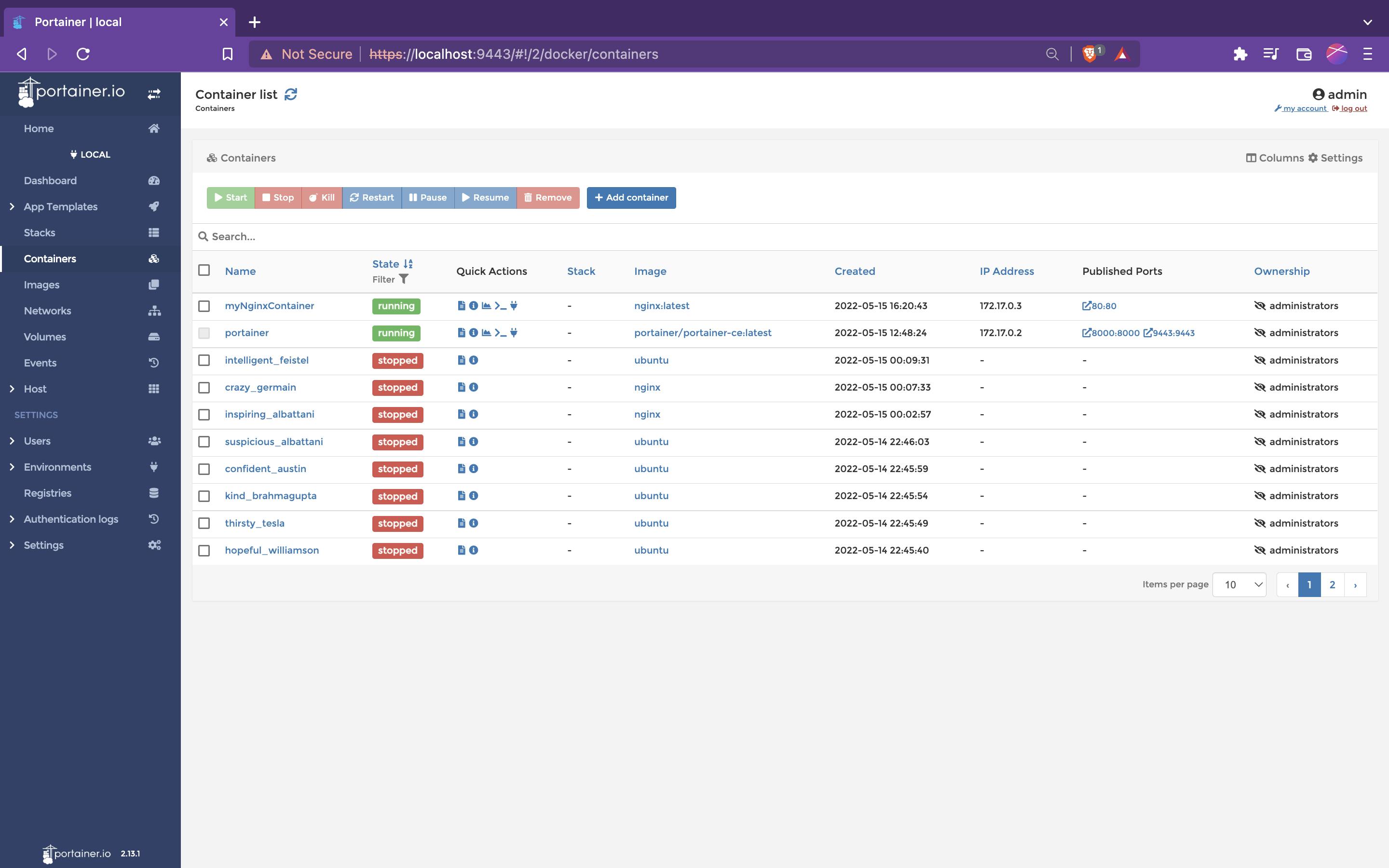 myNginxContainer running on container list page