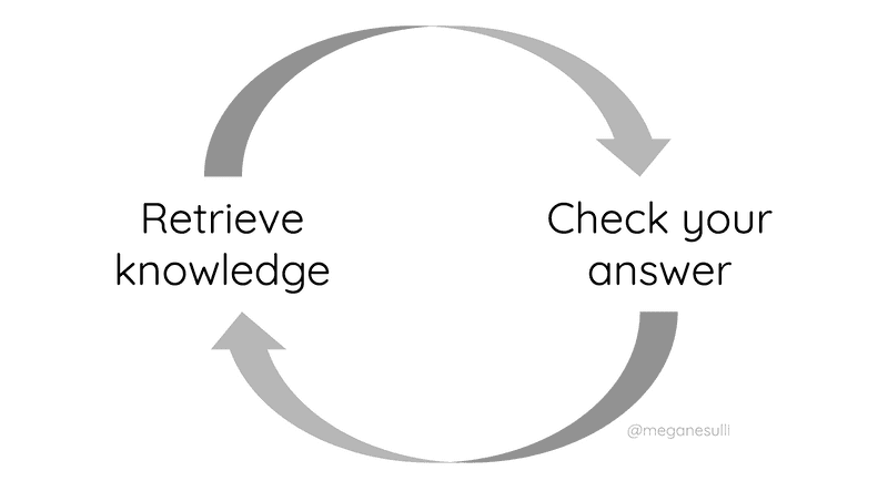 A cycle with arrows connecting two labels in an infinite loop: "retrieve knowledge" and "check your answer"