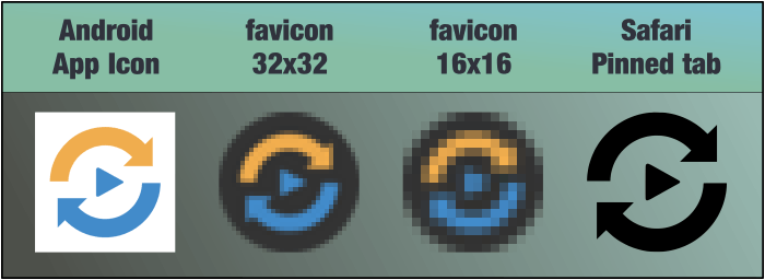 Example variants of app icons for Android, Safari pinned tabs and two different favicon sizes
