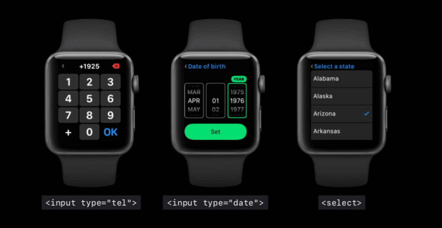 Three Apple Watch examples of full-screen keyboards for different input types.